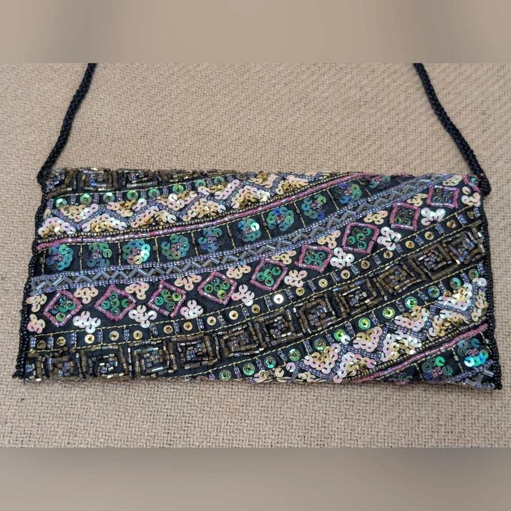Beaded Sequin Evening Clutch Bag in Black Multi